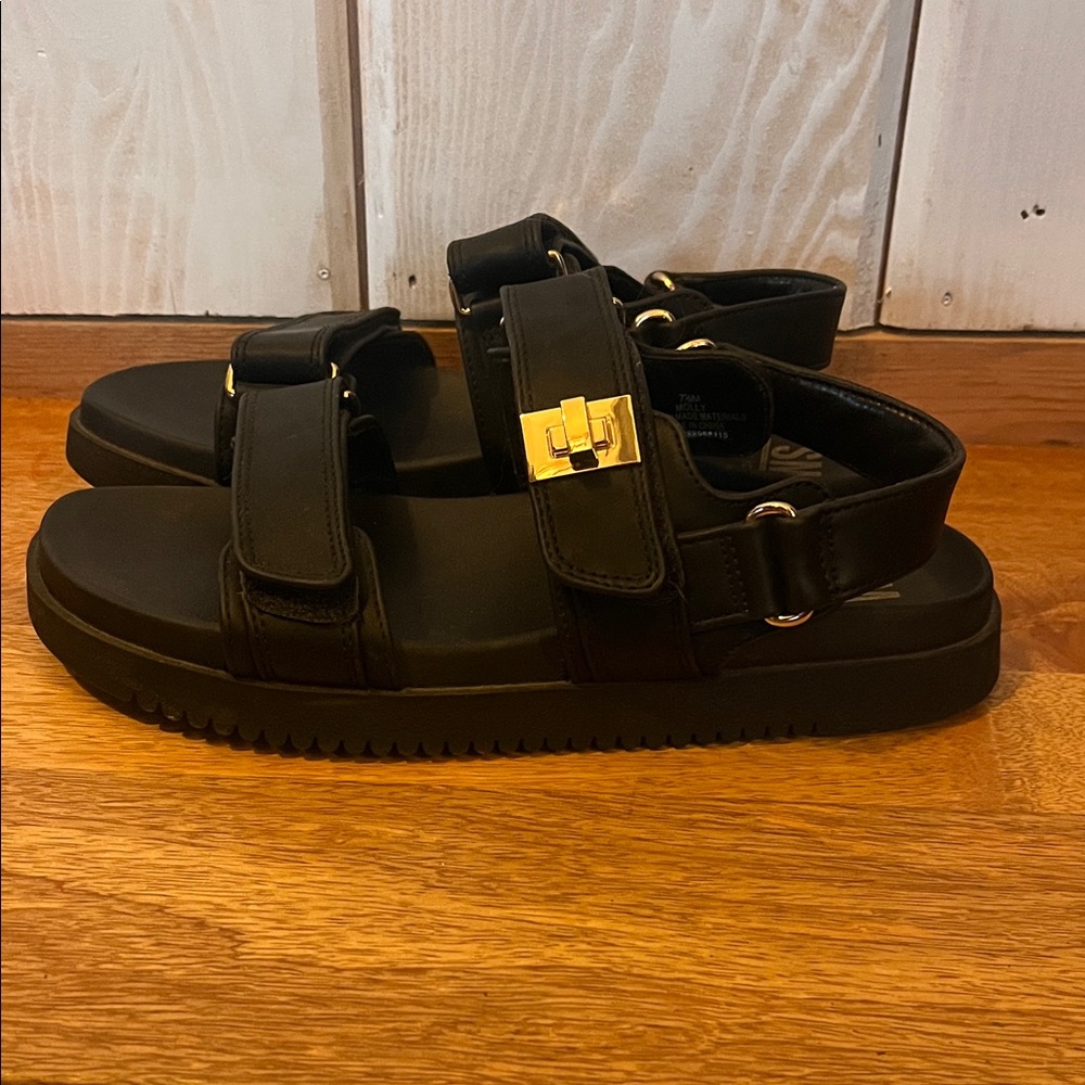 Steve Madden Black Chunky Sandals with Gold Buckle